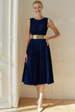 Ivory A Line Boat Neck Pleated Midi Bridesmaid Dress