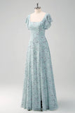 Dusty Sage Square Neck Floral Printed A-Line Bridesmaid Dress