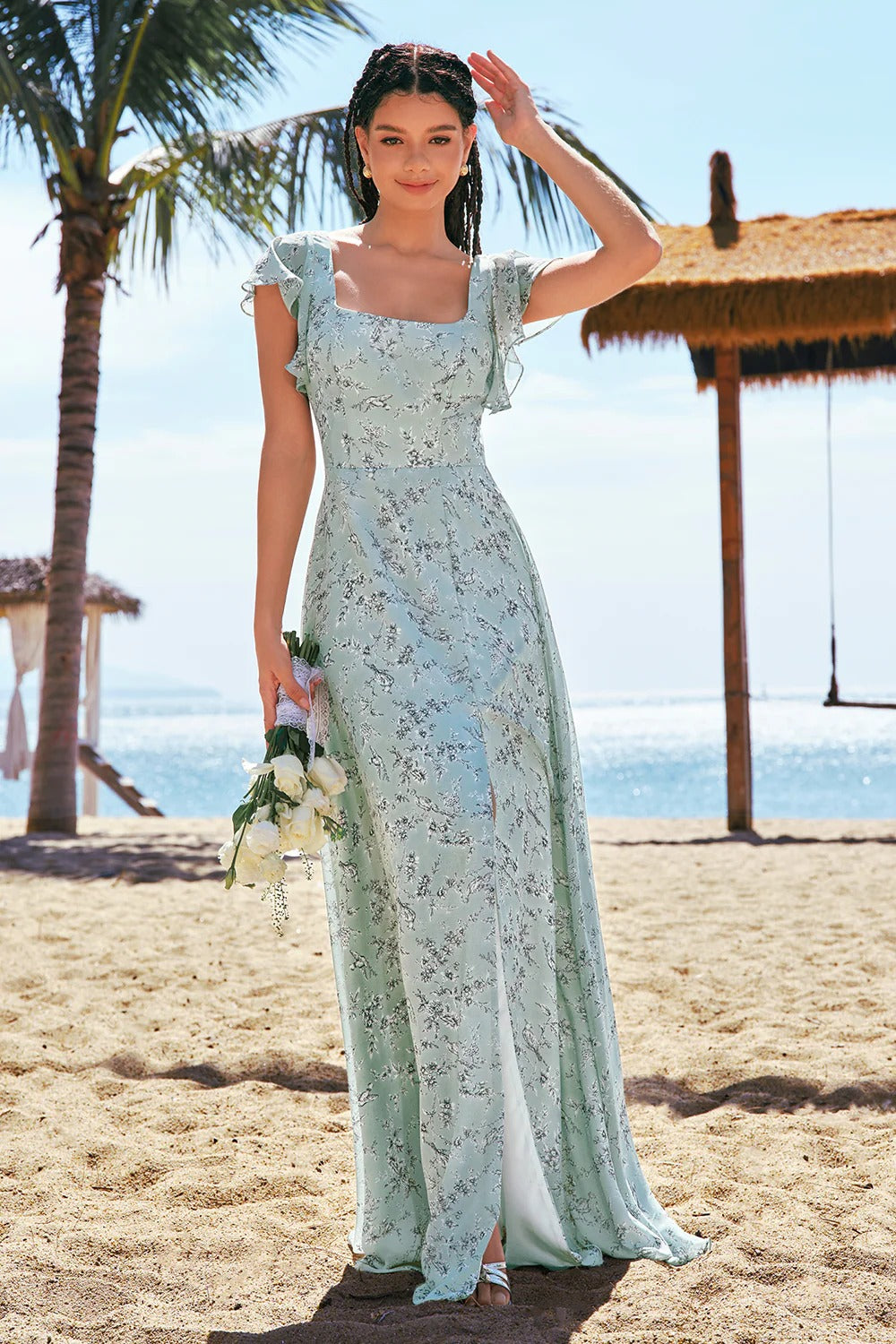 Dusty Sage Square Neck Floral Printed A-Line Bridesmaid Dress