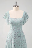 Dusty Sage Square Neck Floral Printed A-Line Bridesmaid Dress