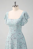 Dusty Sage Square Neck Floral Printed A-Line Bridesmaid Dress