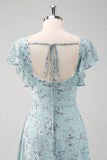 Dusty Sage Square Neck Floral Printed A-Line Bridesmaid Dress