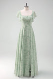 Grey Green A-Line Floral Printed Bridesmaid Dress with Ruffle Sleeves