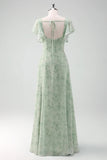 Grey Green A-Line Floral Printed Bridesmaid Dress with Ruffle Sleeves