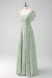 Grey Green A-Line Floral Printed Bridesmaid Dress with Ruffle Sleeves