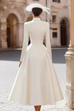Vintage Ivory High Neck Keyhole A Line Long Wedding Dress with Sleeves