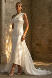 Satin White Sheath Ruffled One Shoulder Ruched Long Wedding Dress with Cape