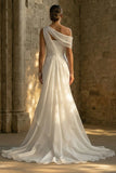 Satin White Sheath Ruffled One Shoulder Ruched Long Wedding Dress with Cape