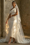 Satin White Sheath Ruffled One Shoulder Ruched Long Wedding Dress with Cape