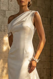 Satin White Sheath Ruffled One Shoulder Ruched Long Wedding Dress with Cape