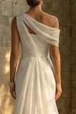 Satin White Sheath Ruffled One Shoulder Ruched Long Wedding Dress with Cape
