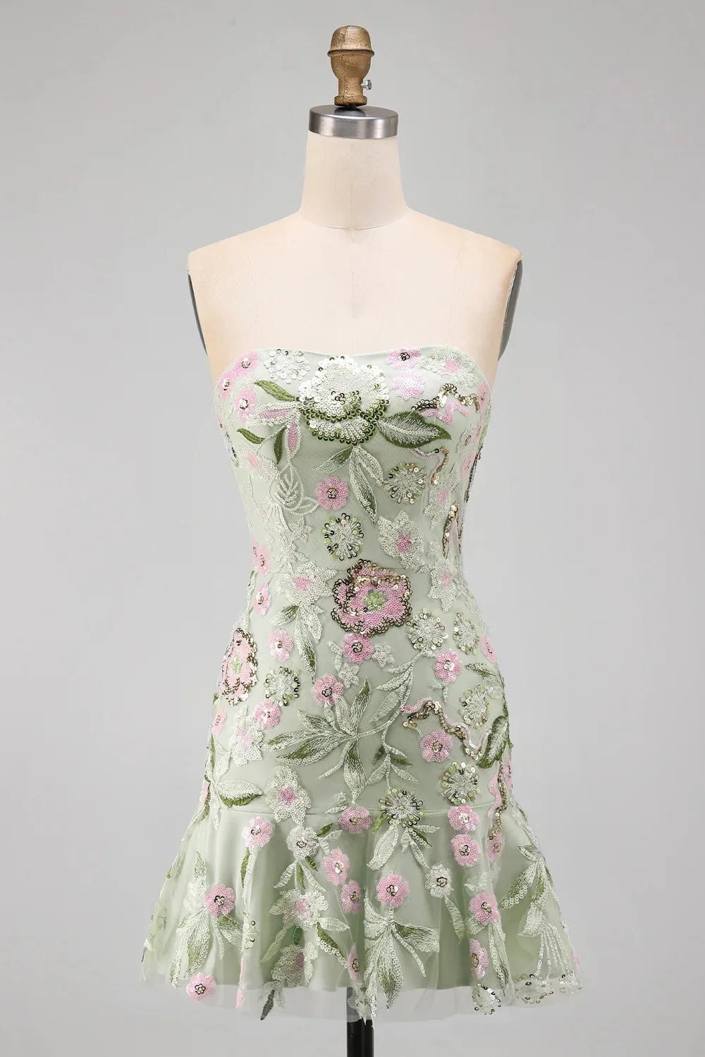 Sage Green Floral A Line Strapless Short Cocktail Dress