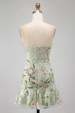 Sage Green Floral A Line Strapless Short Cocktail Dress