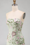 Sage Green Floral A Line Strapless Short Cocktail Dress