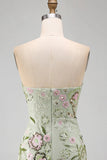 Sage Green Floral A Line Strapless Short Cocktail Dress