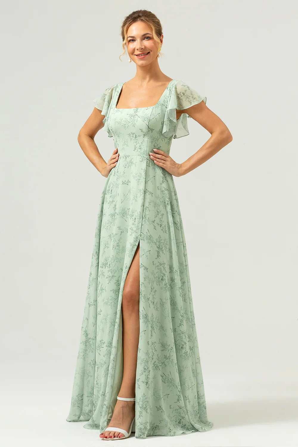 Grey Green A-Line Floral Printed Bridesmaid Dress with Ruffle Sleeves