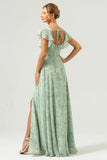 Grey Green A-Line Floral Printed Bridesmaid Dress with Ruffle Sleeves