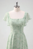 Grey Green A-Line Floral Printed Bridesmaid Dress with Ruffle Sleeves