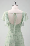 Grey Green A-Line Floral Printed Bridesmaid Dress with Ruffle Sleeves