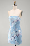 Sparkly Sequins Blue Bodycon Strapless Short Cocktail Dress with Beading