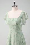 Grey Green A-Line Floral Printed Bridesmaid Dress with Ruffle Sleeves