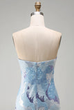 Sparkly Sequins Blue Bodycon Strapless Short Cocktail Dress with Beading