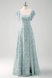 Dusty Sage Square Neck Floral Printed A-Line Bridesmaid Dress