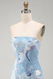 Sparkly Sequins Blue Bodycon Strapless Short Cocktail Dress with Beading