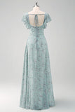 Dusty Sage Square Neck Floral Printed A-Line Bridesmaid Dress