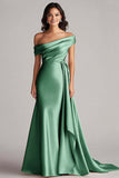 Champagne Satin Mermaid Sweep Train Formal Dress with Side Cape