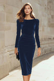 Dark Green Velvet Bodycon Boat Neck Midi Holiday Party Dress with Sleeves