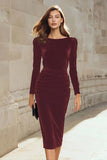 Dark Navy Velvet Bodycon Midi Holiday Party Dress with Sleeves