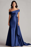 Champagne Satin Mermaid Sweep Train Formal Dress with Side Cape