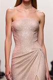 Champagne Sheath Sparkly Sequined Maxi Evening Dress with Slit