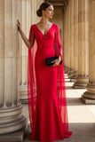 Red Mermaid V Neck Bows Long Formal Dress with Cape