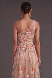 Champagne Floral A Line One Shoulder Long Formal Dress