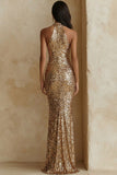 Sparkly Sequin Champagne Halter Long Gala Dress