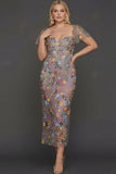 Floral Mauve Tulle Sheath Midi Wedding Guest Dress with Sleeves