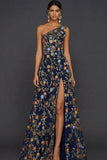 Floral Mauve One Shoulder A Line Long Prom Dress with Slit