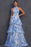 Floral Blue Ruffled Criss Cross Neck Tiered Long Corset Prom Dress