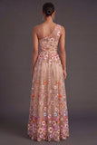 Champagne Floral A Line One Shoulder Long Formal Dress