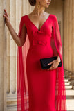 Red Mermaid V Neck Bows Long Formal Dress with Cape