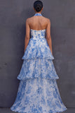 Floral Blue Ruffled Criss Cross Neck Tiered Long Corset Prom Dress