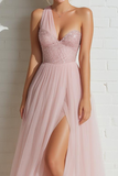 Sparkly Light Pink A Line One Shoulder Long Bridesmaid Dress with Sequins