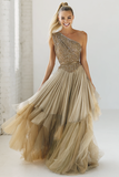 Sparkly Brown Pleated Tulle One Shoulder Long Wedding Guest Dress with Sequins