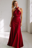 Champagne Satin Criss Cross Halter Maxi Bridesmaid Dress