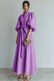 Ivory Puff Sleeves A Line Maxi Formal Dress with Sash