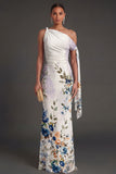 Floral Black Sheath One Shoulder Ruched Long Formal Dress