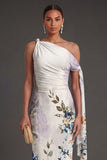 Floral Black Sheath One Shoulder Ruched Long Formal Dress