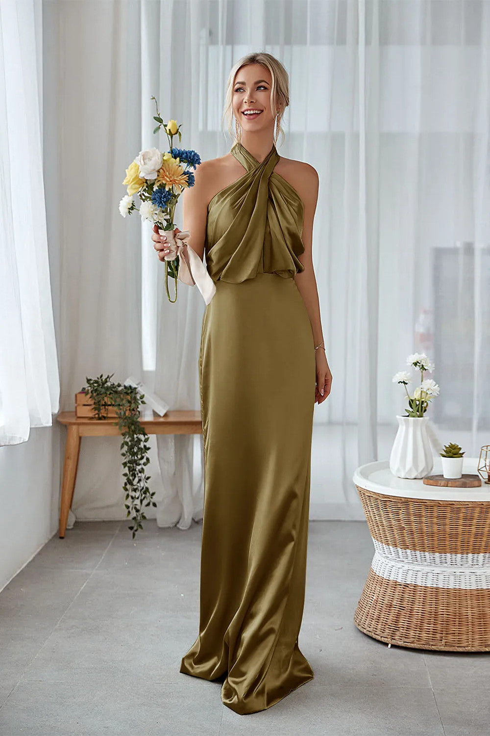 Leely Women Dusty Sage Long Bridesmaid Dress Halter Sheath Satin Formal Dress leelyuk Leely Women Dusty Sage Long Bridesmaid Dress Halter Sheath Satin Formal Dress leelyuk